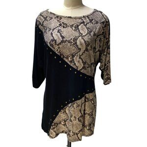 Coco Bianco Womens L Snake Print & Black Tunic Top With Stud Accents Career Chic